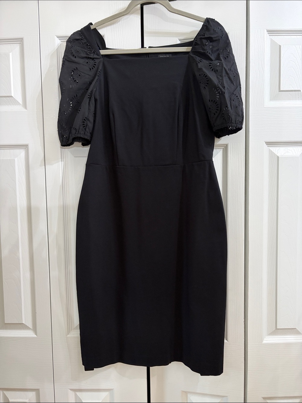 Ann Taylor Black Square Neck Dress with Eyelet Puff Sleeves